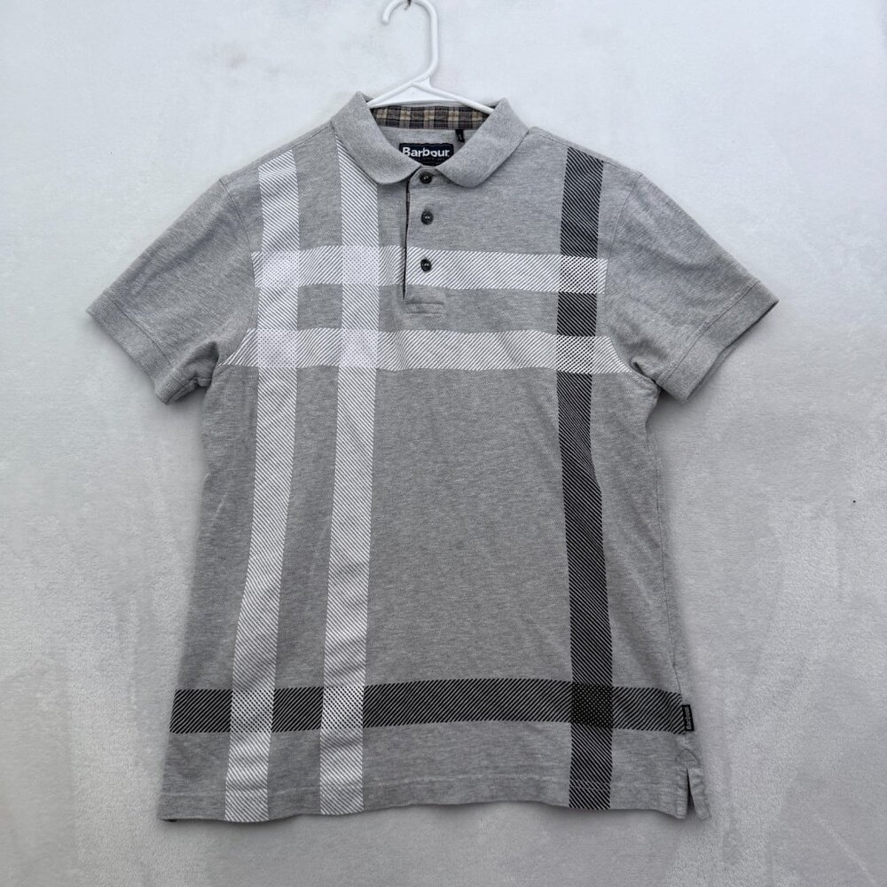 Babour Polo Shirt Mens M Gray Plaid Knit Preppy Casual